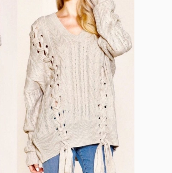 Wool Blend Double Lace Up Cable Knit Sweater Slouchy Boyfriend Fit Size Small - Picture 2 of 8